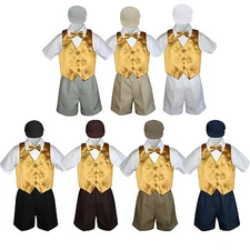 Boy Toddler Formal Gold Yellow Vest Bow Tie White Khaki Black Hat 5pc Set S-4T