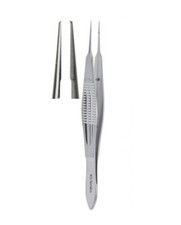 Pinzas de sutura Castroviejo, 4", rectas, plataforma de atado, 1 x 2 dientes, 0,3 mm