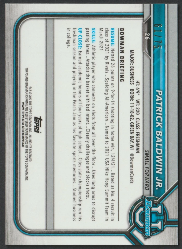 2021-22 1st Bowman University #26 Patrick Baldwin Jr. True Gold Refractor 61/75 - Image 2 of 4