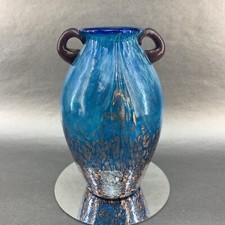 Hand Blown Studio Glass Blue w/ Gold  Aventurine Handle Vase Artisan Art