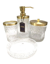 LEA JADE 4 PC SET CRYSTAL GLASS,BRUSHED GOLD TONE PUMP SOAP DISPENSER,DISH,JAR,1