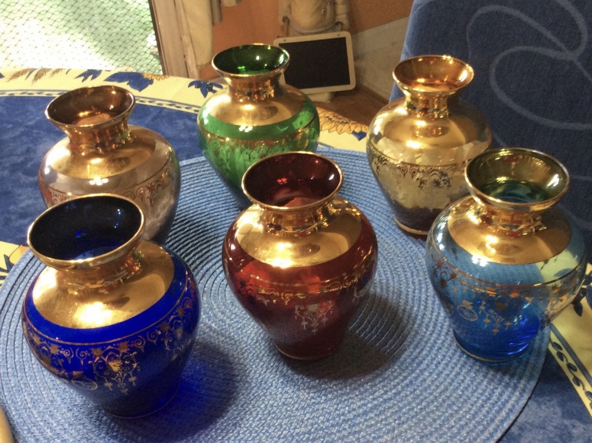 Vintage Vecchia Murano Glass Vases 24K Gold Gilt Set Of Six | eBay
