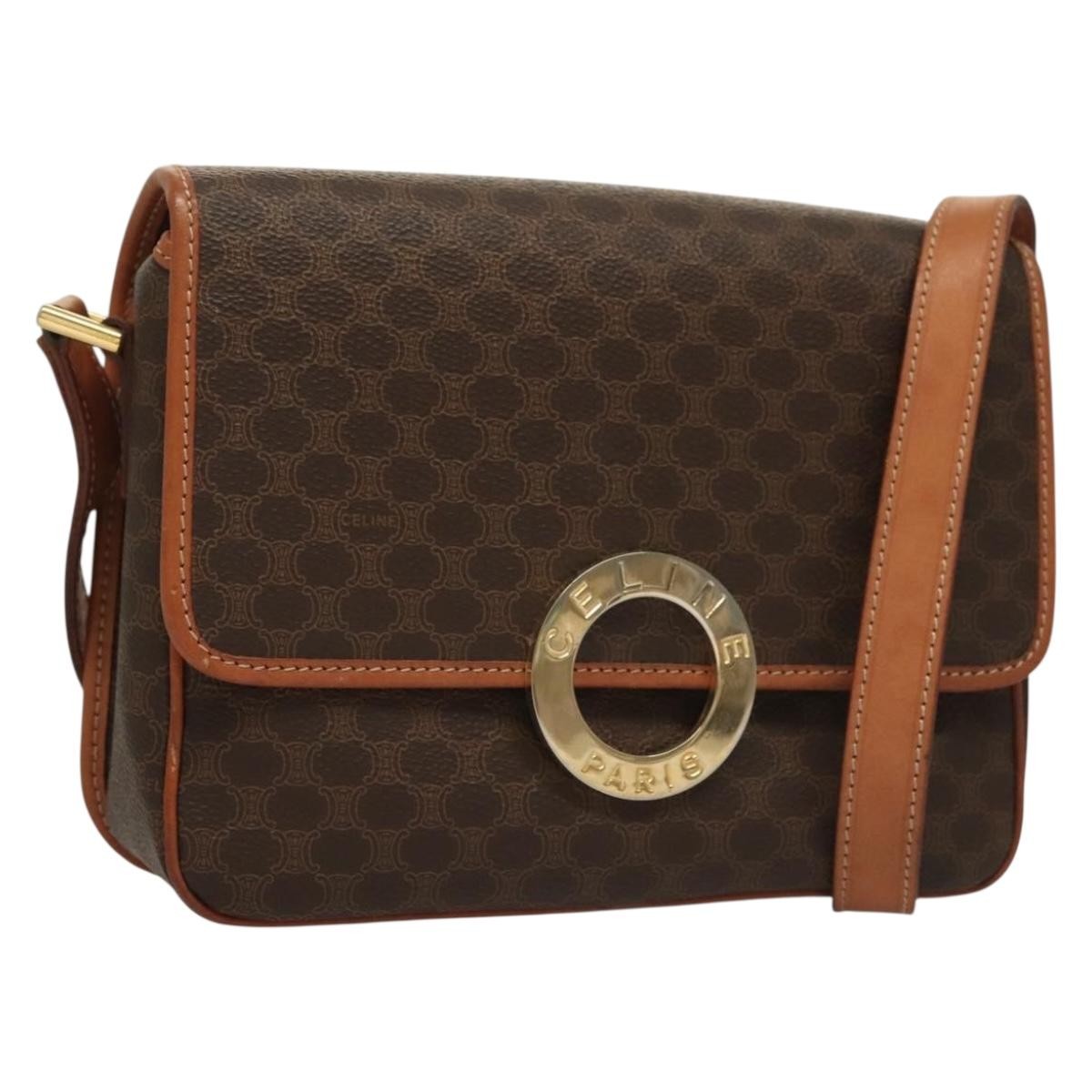 CELINE Macadam Canvas Shoulder Bag PVC Leather Brown Gold Auth