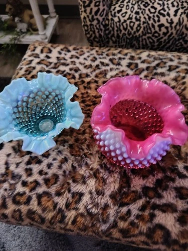 Fenton Hobnail Glass Ruffled Edge Hand Blown Decorative Vases Blue Pink Glossy