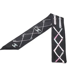 CHANEL Coco Mark Multicolor Twilly Scarf Black 100 Silk Brand Women Ladies Allov