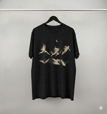 Vintage Style Black Graphic T-Shirt Dancing Figures Moon Art Tee - S276