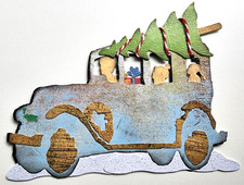 Christmas Jalopy Family Picking Tree Shopping Snow  3 Handmade Ephemera OOAK