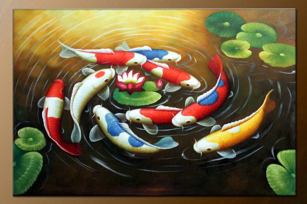 Feng Shui Koi Fish Landscapes Hand Painted Oil Painting on Canvas
