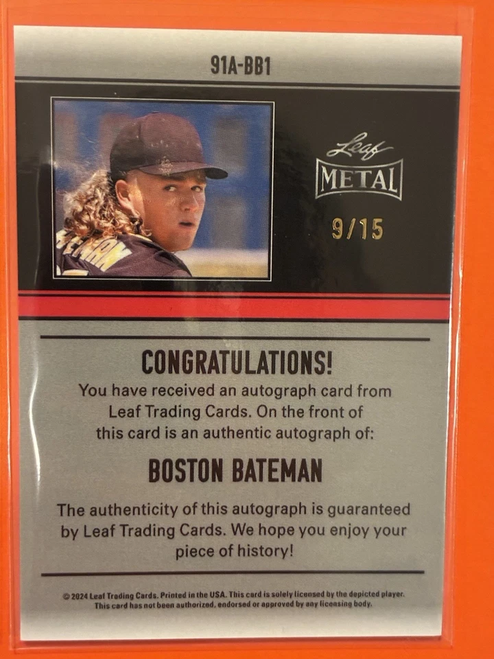 2024 Leaf Metal Boston Bateman 1991 Leaf Auto Purple Prismatic /15 #91A-BB1 - Image 2 of 2