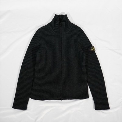 Stone Island Vintage Black Wool Ribbed-Knit Zip Sweater High Neck Logo Men's M