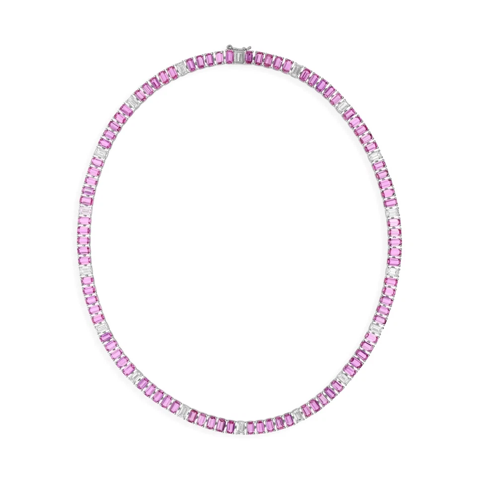 Pink Sapphire Natural H/SI Diamond Necklace Chain 18k White Solid Gold 32.19 Tcw - Image 2 of 4