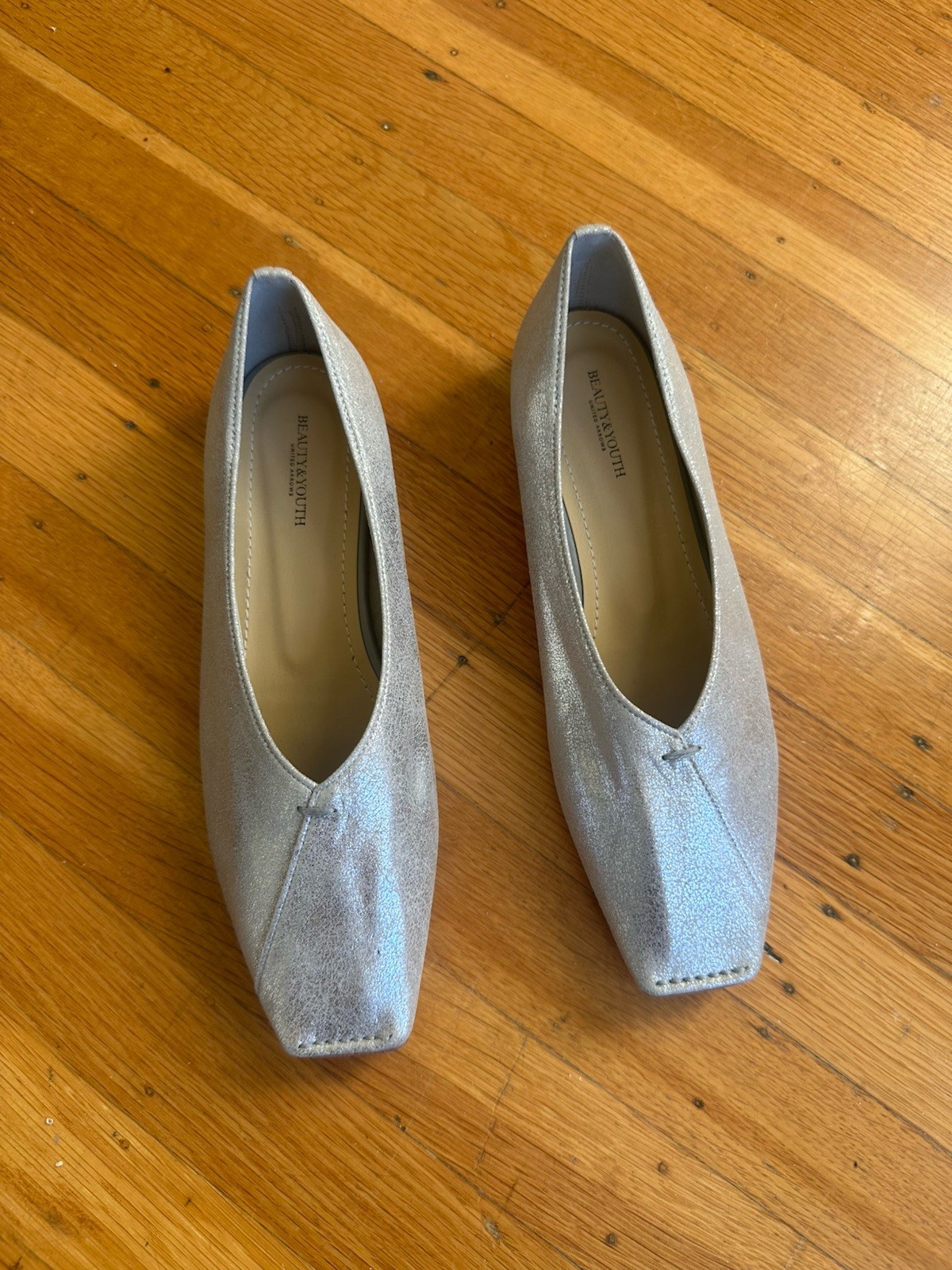 United Arrows Silver leather square toe ballet fl… - image 2