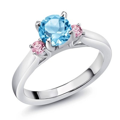 925 Sterling Silver Swiss Blue Topaz and Pink Lab Grown Diamond Engagement Ring