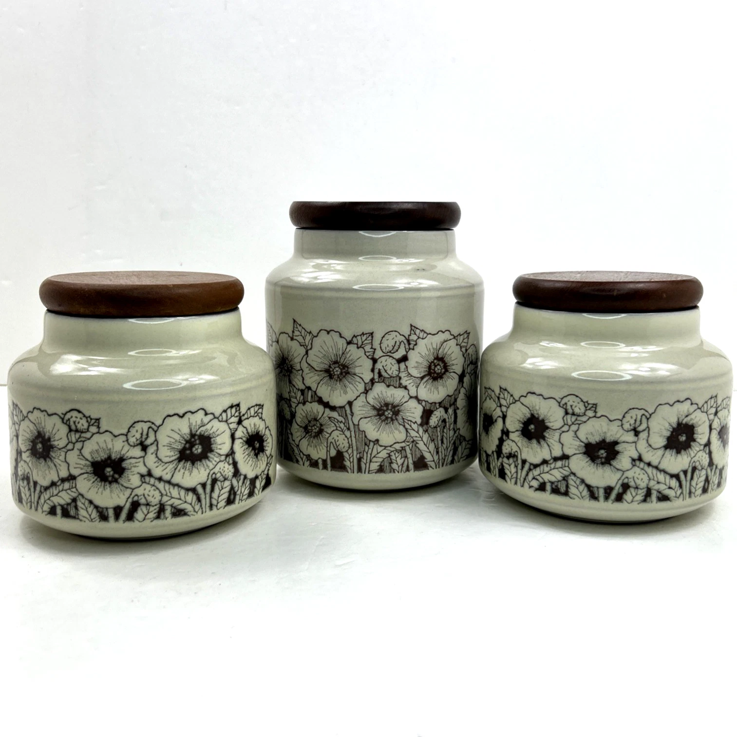 Hornsea Pottery Cornrose Canisters Caddy Vintage Wooden Lids x3