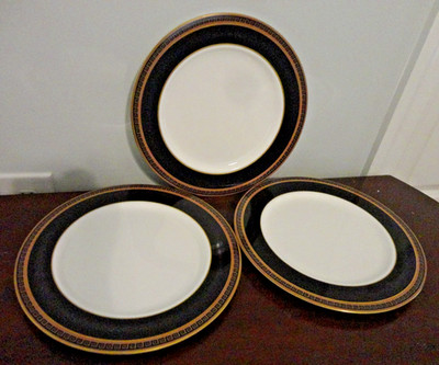 NIKKO OLYMPUS FINE BONE CHINA BLACK GOLD RIM 3 DINNER PLATES