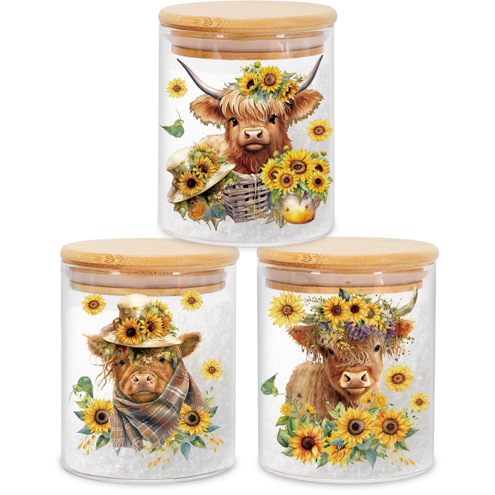 3Pcs Highland Cow Sunflower Glass Storage Jars With Airtight Lid Cattle Flora...
