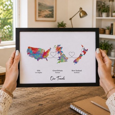 Personalised 3 Location Map Print Custom Travel Family Journey Gift Wall Art