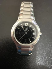 Vintage ESQ Swiss Watch Women 25mm Silver Tone Date Black Dial New Battery 6.5"