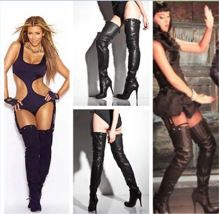 US 7❤️ INFORME FIRMA CUERO GAMUZA REAL NEGRO SOBRE LA RODILLA MUSLO TACÓN ALTO BOTAS Foto 4 de 4