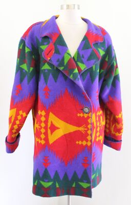 Vtg Neiman Marcus Colorful Southwestern Aztec Print Wool Blanket Jacket Coat S