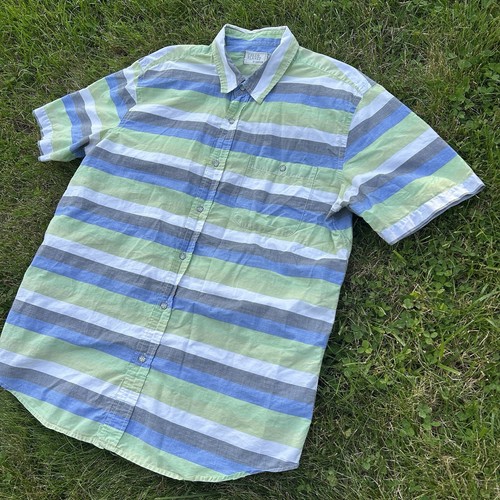 Free Planet Men's Shirt XL Short Sleeve Striped Button Down Pocket Blue Green - Picture 2 of 6