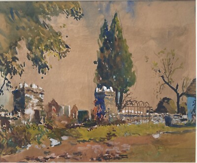 John Dull (Philadelphia 1859-1949) Country Churchyard Signed Watercolor Painting