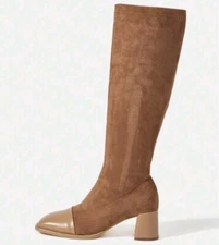 Women High Boots Block Heel Beige Soft Suede Sock Size 7.5 Slim Square Toe 