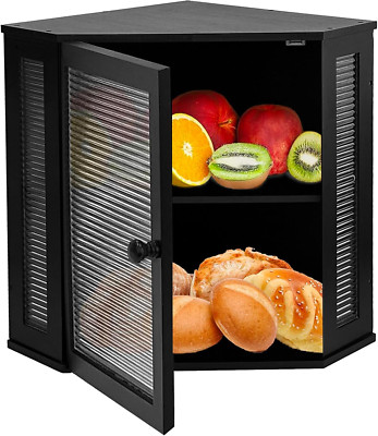 Extra Large Bamboo Corner Bread Box with Wavy Window - Black Kitchen Storage