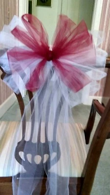 Sale 8pc Wedding White And Burgundy Tulle Pew Bows OR ANY COLOR RUSH AVAILABLE - Image 1 of 2