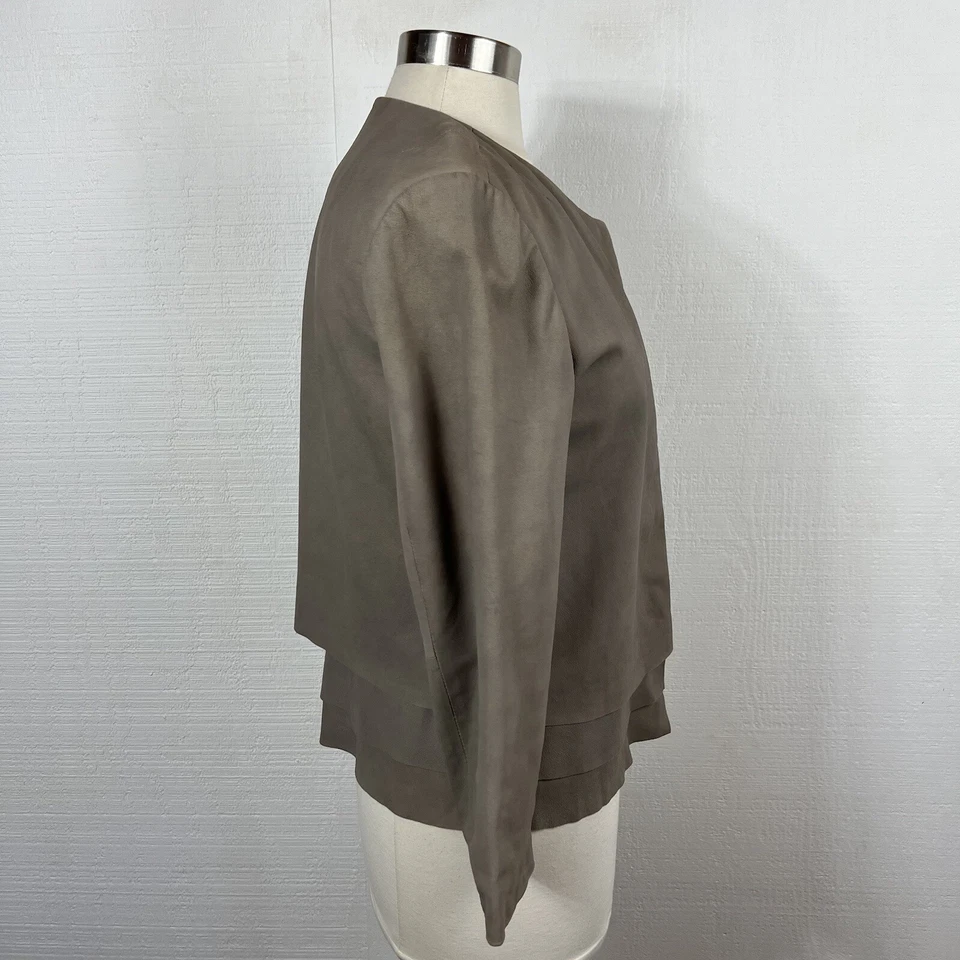 Jaqueta de Couro Joie M Feminina Bege Taupe Aberta Frente Camadas Bainha Sem Gola - Imagem 2 de 4