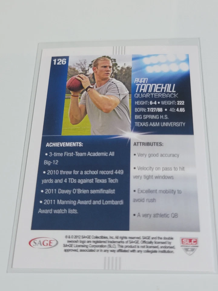 RYAN TANNEHILL 2012 Sage Hit Rookie #126.  TEXAS A&M - Image 2 of 2