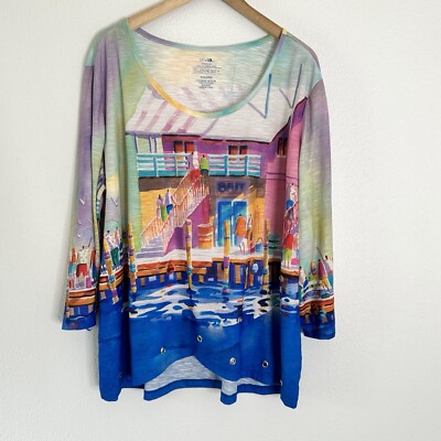 Ellen Negley XXXL Art & Sol Beach Bait Fishing Shirt Top Blouse 3/4 Sleeves