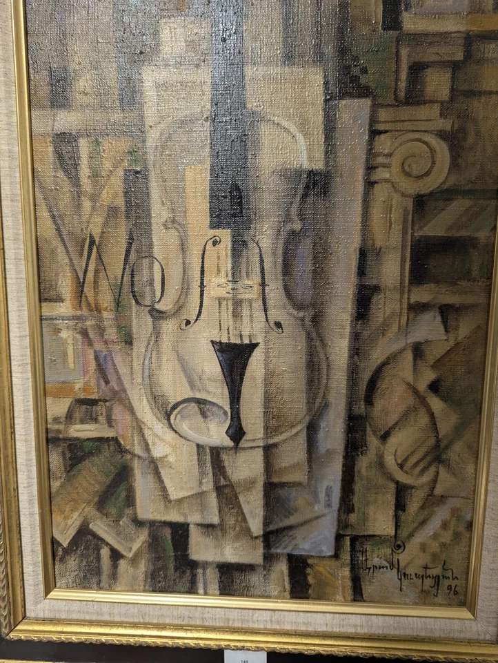 Violín pintura al óleo cubista firmado por Aram Koupetzian, artista listado Foto 2 de 4