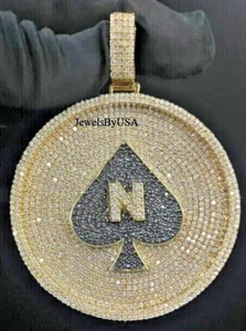 Authentic Mens 4ct Cubic Zirconia Two Tone Gold Plated Spade N Letter Pendant 925Silver