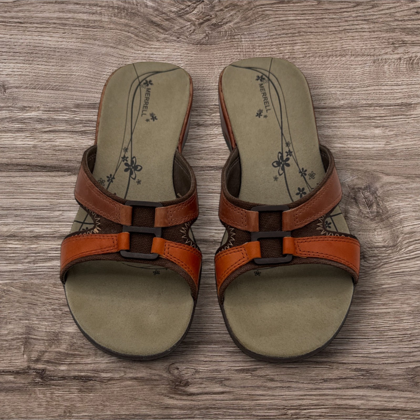 Merrell donna rugiada marrone arancione zeppa tacco slip on suola vibram taglia 9