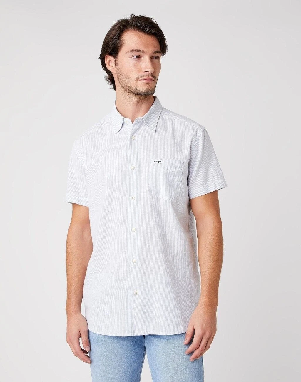 Wrangler - Short Sleeve Linen Stripe Shirt Western Worker in Blue [M]