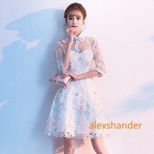 Lady Sexy Chinese Style Lace Cheongsam Dress Summer Short Gown Retro Qipao