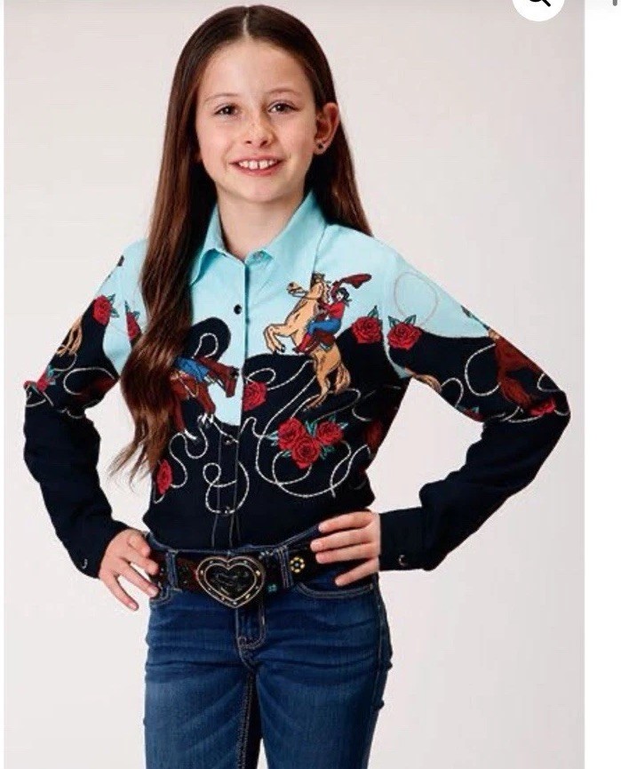 Roper Girls Western Cowgirl Horse Button-Up Shirt Long Sleeve L (10-12)