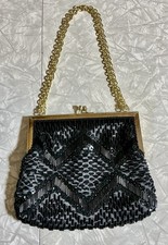 VTG Black Beaded Clutch Purse With Gold Chain. Clasp Closure. Flapper. 50  s