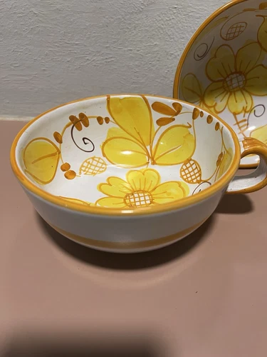 Italian Yellow & Orange Floral Hand Painted 8" Oversized Bowl Set Of 2 VTG