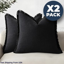 Set of 2 Linen Throw Pillow Covers Trimmed Cushion Covers 20 x 20 Inch Farmhouse
