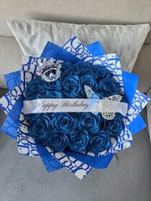 Handmade Ribbon Rose Eternal Bouquet  15 Blue Glitter Rose small crown including