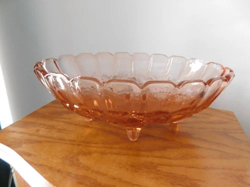 VTG Indiana Glass Large Pink Footed Harvest Fruit Grapes Oval Ribbed Bowl 12" L