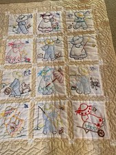 Cross Stitch  Embroidered VTG 70  s Handmade Baby Blanket Quilt Yellow 57  x40  