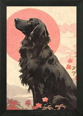 Ukiyo e Flat Coated Dog Framed Wall Art Poster Canvas Print Picture