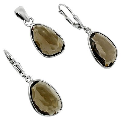 Premium Qualität Rauchquarz - Brasilien 925 Silber Anhänger Ohrringe Set T-1015