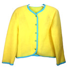 Vintage Fleece Teddy Button Front Blazer Large Yellow Blue Trim Fuzzy Retro Boho