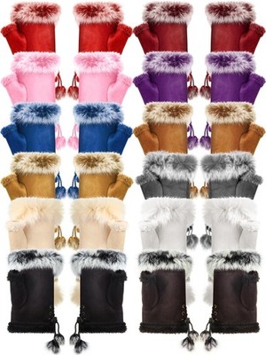 12 Pairs Women Faux Rabbit Fur Gloves Fingerless Winter Gloves Mittens Stretc...