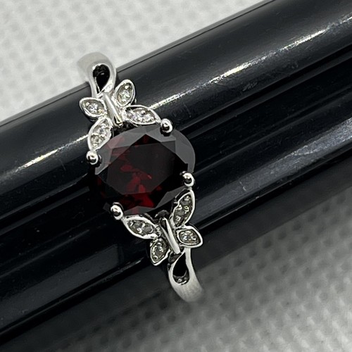 Sterling Silver Double Butterfly Ring Oval Garnet Red Stone CZ Signed 925 - Picture 7 of 14