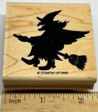 WITCH FLY BROOM HAT COSTUME WICKED HALLOWEEN FALL Stampin' Up wood RUBBER STAMP